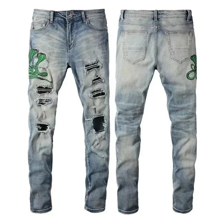 Snake Embroidery Ripped Jeans 