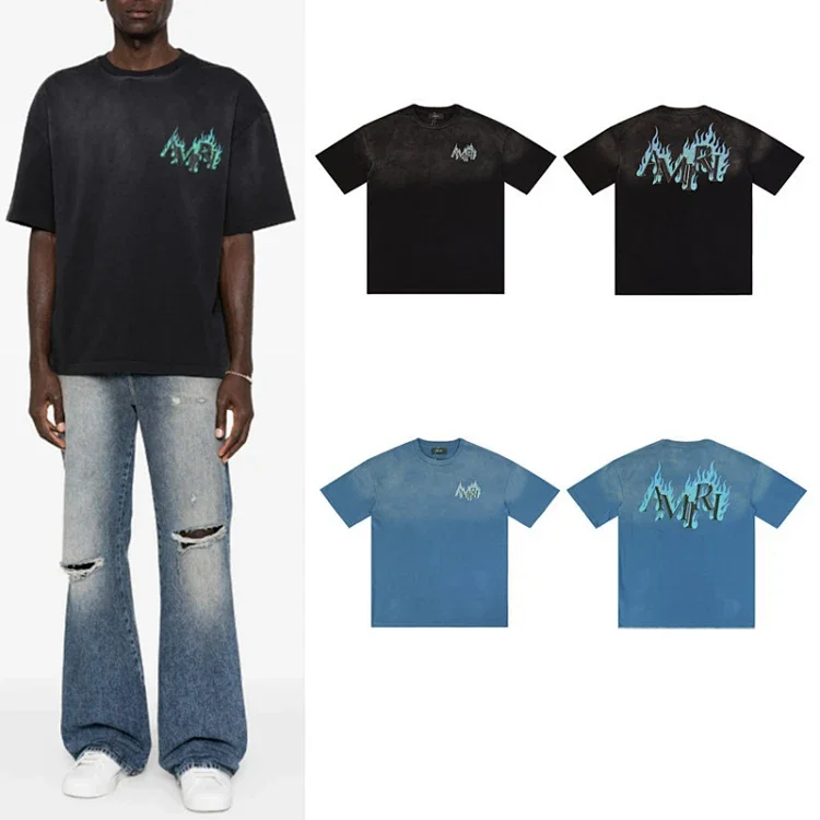 AMIRI rhinestone flame letter print washed short-sleeved T-shirt