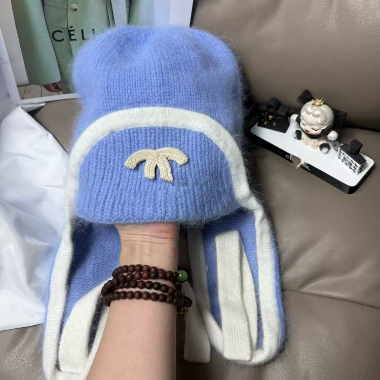 Chanel new rabbit fur warm knitted hat with ear flaps -2