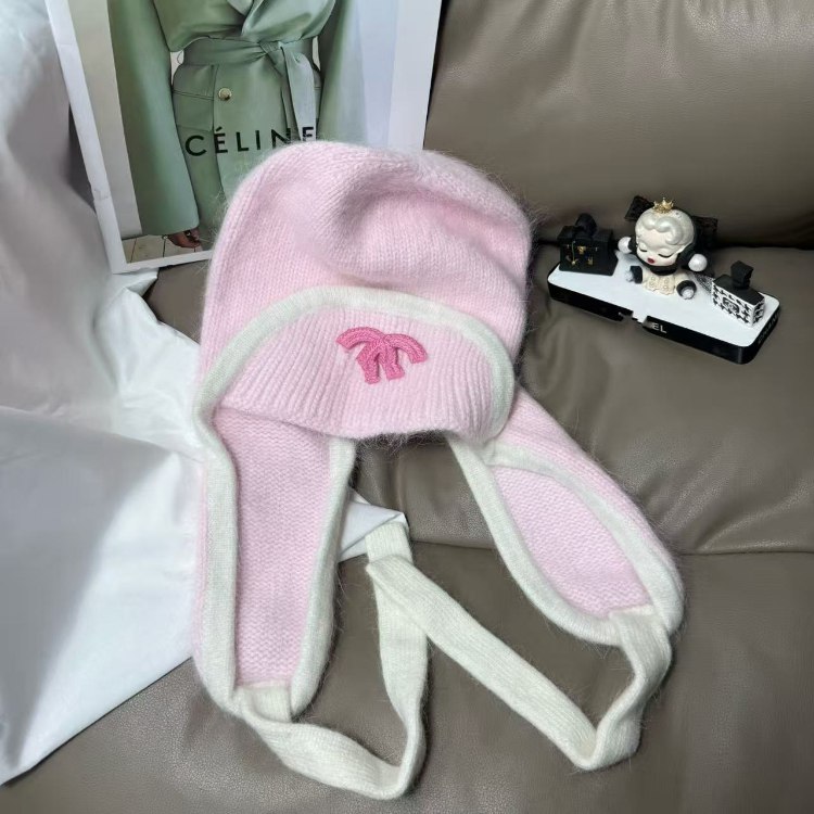 Chanel new rabbit fur warm knitted hat with ear flaps -3