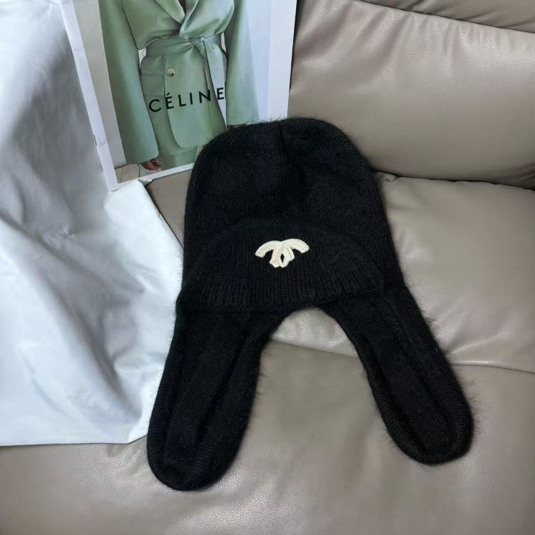 Chanel new rabbit fur warm knitted hat with ear flaps -4