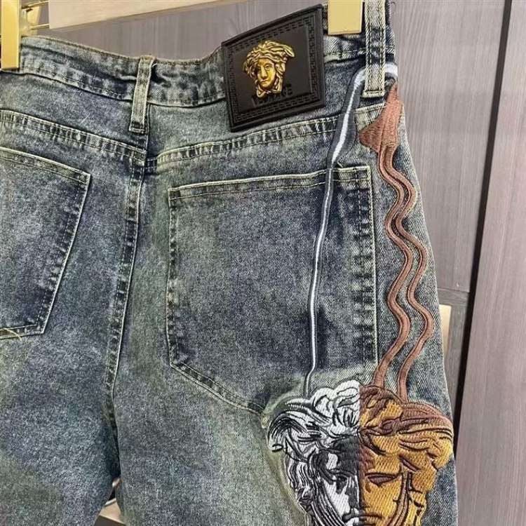  Versace new embroidered casual straight-leg versatile denim trousers -2