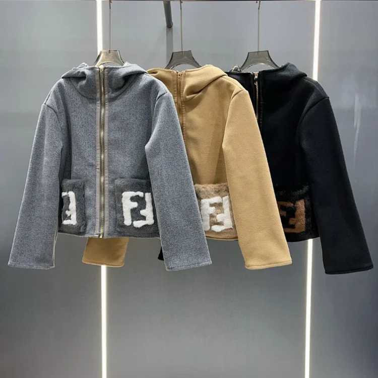 Fendi new wool blend zip-up hooded short jacket