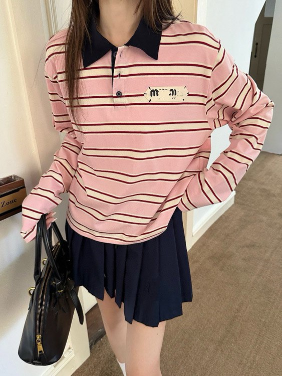 Miu Miu's new collared patchwork casual versatile polo shirt T-shirt -3