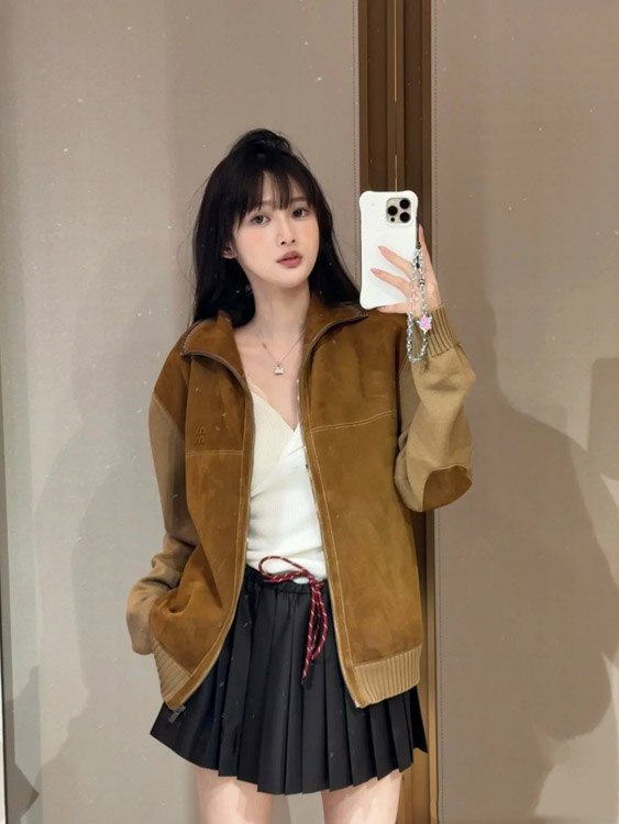  Miu Miu new arrival Knitted sleeve paneling, zip-up, stand-collar casual jacket -4