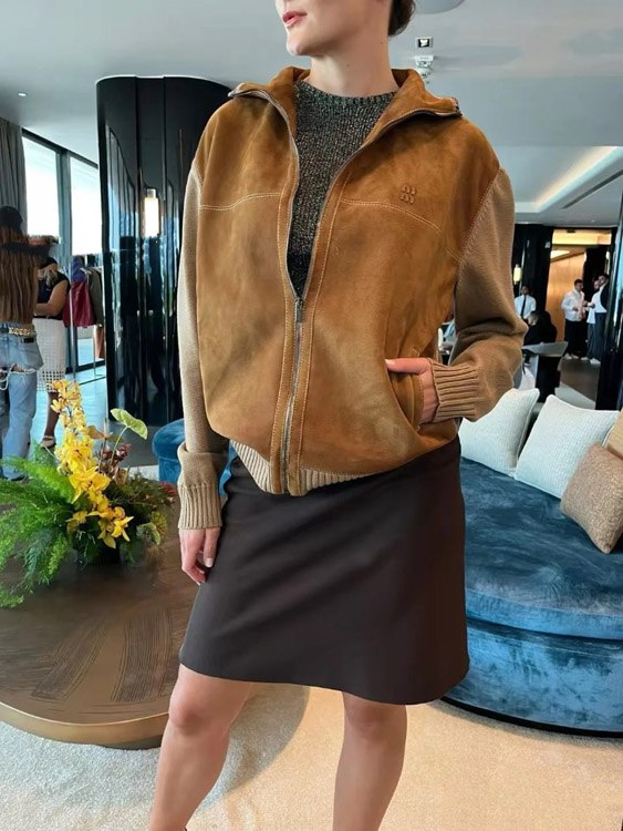  Miu Miu new arrival Knitted sleeve paneling, zip-up, stand-collar casual jacket -3