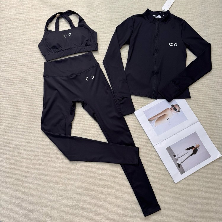 ALO new contrasting color embroidered zippered yoga and workout set -2