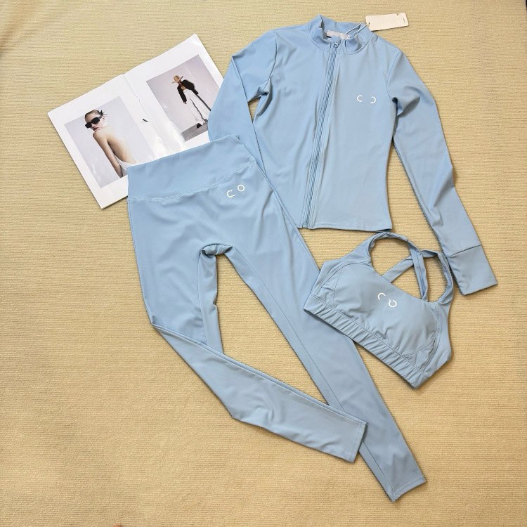 ALO new contrasting color embroidered zippered yoga and workout set -3