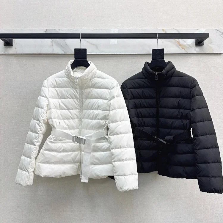 Dior new design stand-collar zip-up down jacket with a belted waist