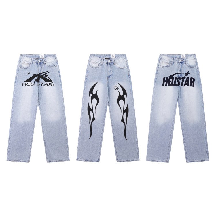 Hellstar Casual Loose Straight-Leg Printed Washed Denim Jeans -2