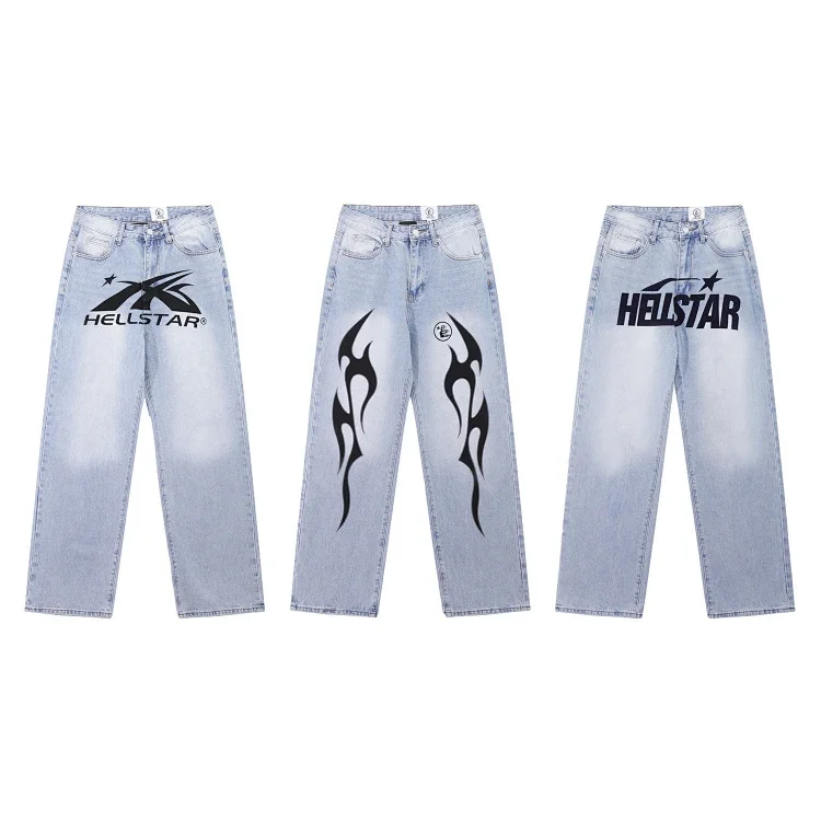 Hellstar Casual Loose Straight-Leg Printed Washed Denim Jeans