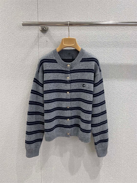 Miu Miu new loose-fitting striped long-sleeved crew neck knitted cardigan -2