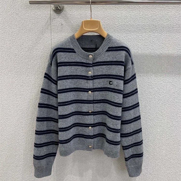 Miu Miu new loose-fitting striped long-sleeved crew neck knitted cardigan