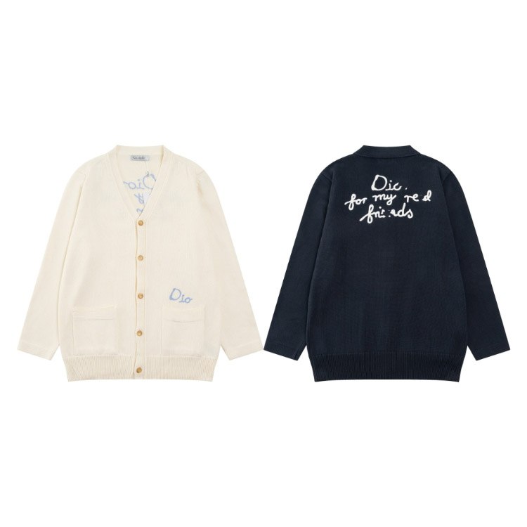 Dior letter logo embroidered casual loose wool knit cardigan sweater -2