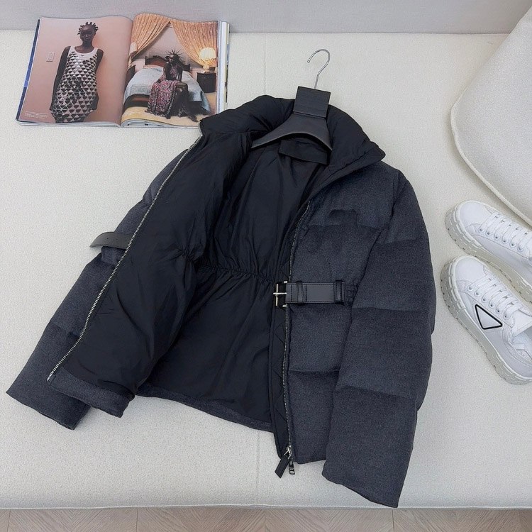 Prada stand-collar wool fabric long-sleeved belted thickened warm down jacket -4