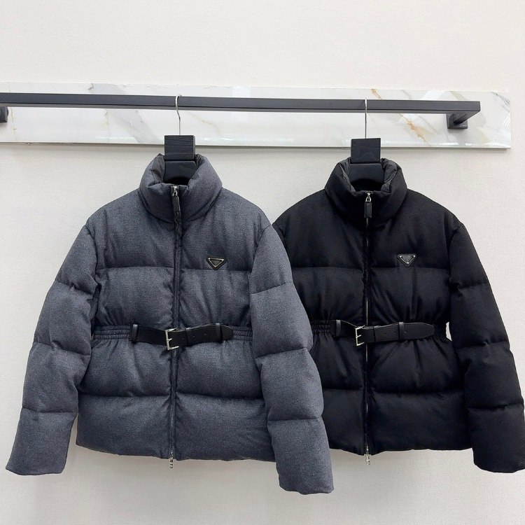 Prada stand-collar wool fabric long-sleeved belted thickened warm down jacket -2