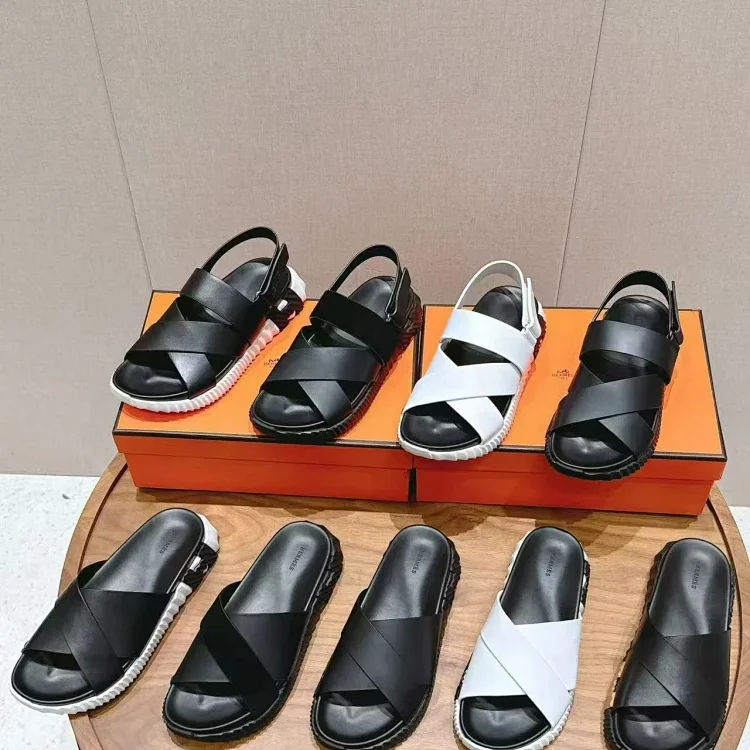 Hermes calfskin round-toe open-toe sandals