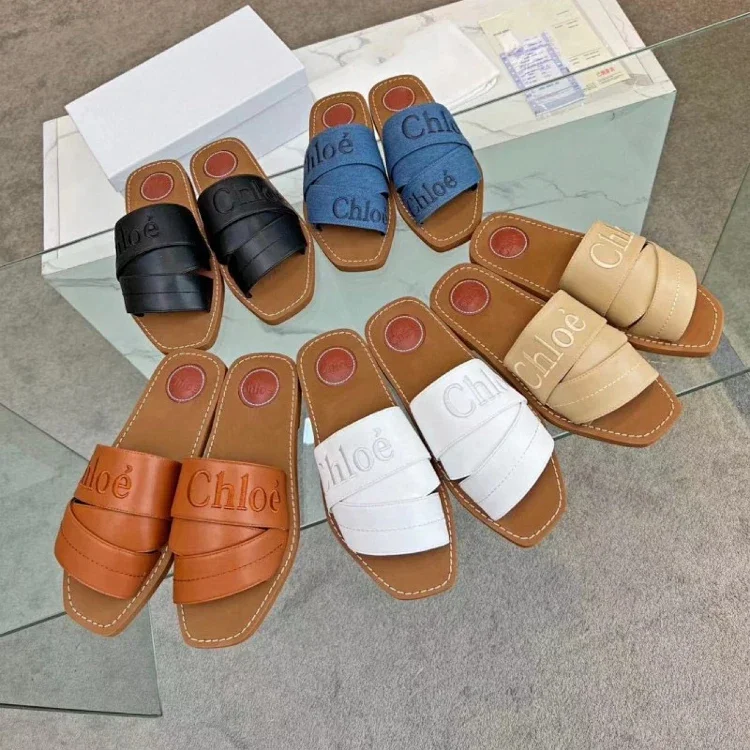 Chloe new embroidered logo flat slide sandals