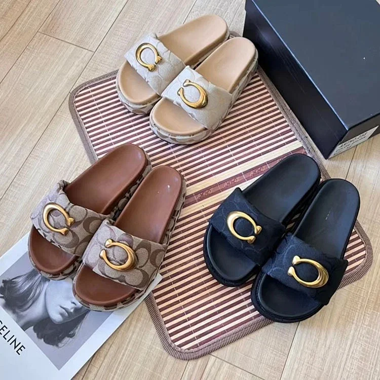  Coach platform sandals with metal buckle and canvas upper