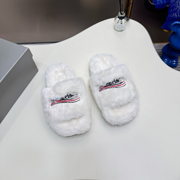 Balenciaga new embroidered logo fur-lined slip-on sandals -3