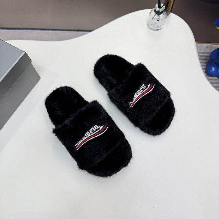 Balenciaga new embroidered logo fur-lined slip-on sandals -2