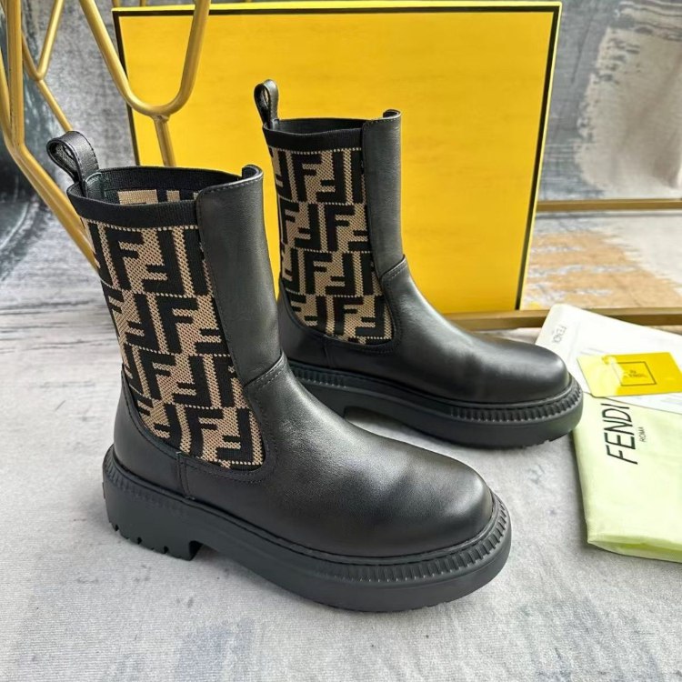 Fendi mid-calf round-toe embroidered letter combat boots -3