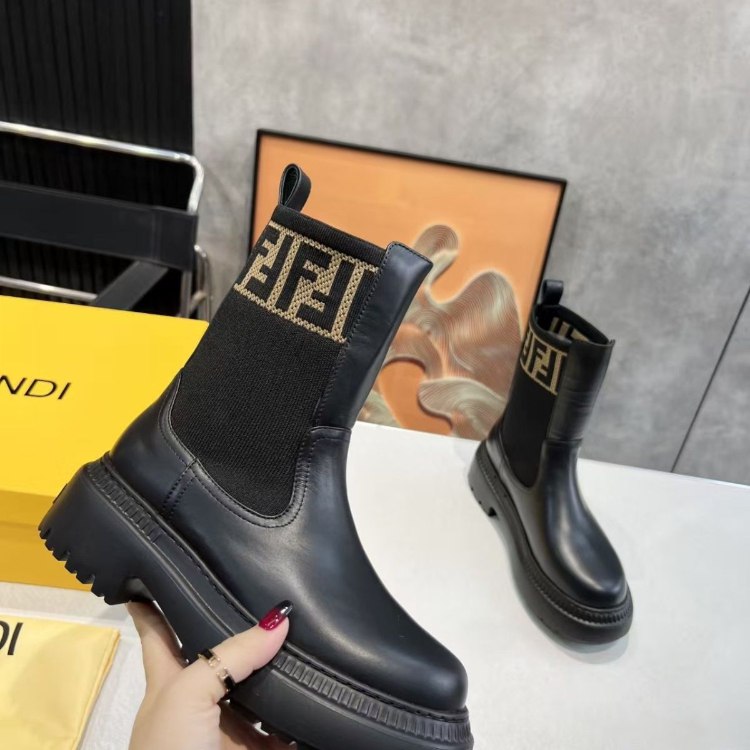 Fendi mid-calf round-toe embroidered letter combat boots -2