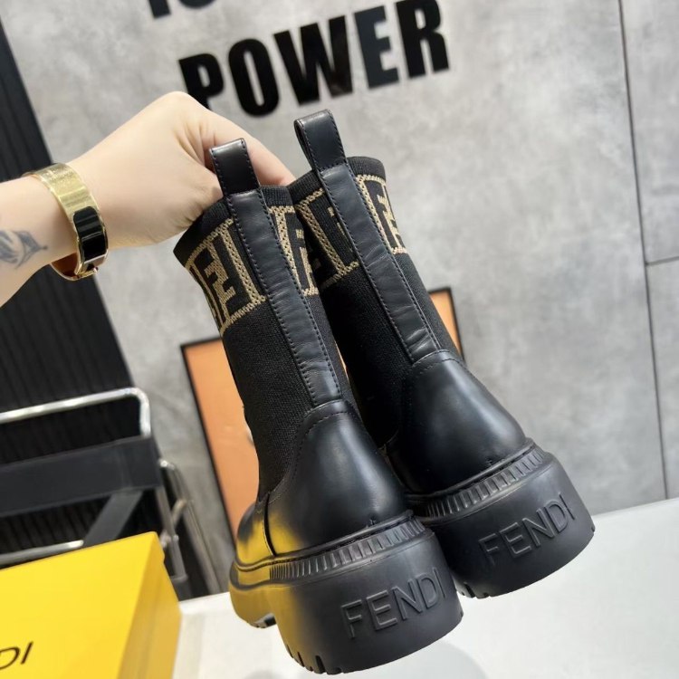 Fendi mid-calf round-toe embroidered letter combat boots -4