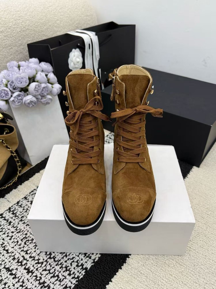 Chanel platform color-block lace-up ankle boots -2