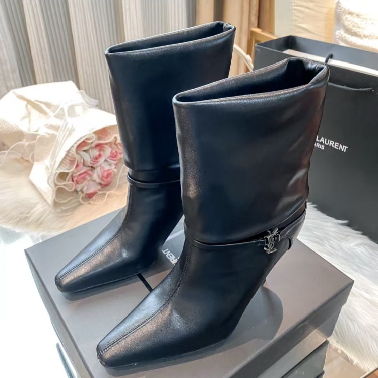Yves Saint Laurent YSL new style stiletto heel fold-over mid-calf boots -4