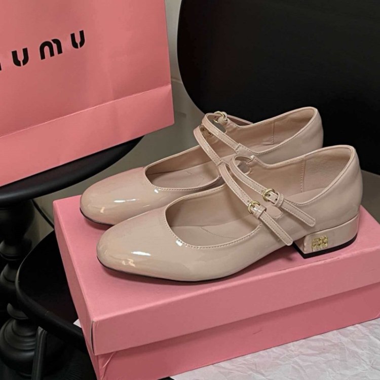  Miu Miu new double-strap round-toe mid-heel Mary Jane shoes -4