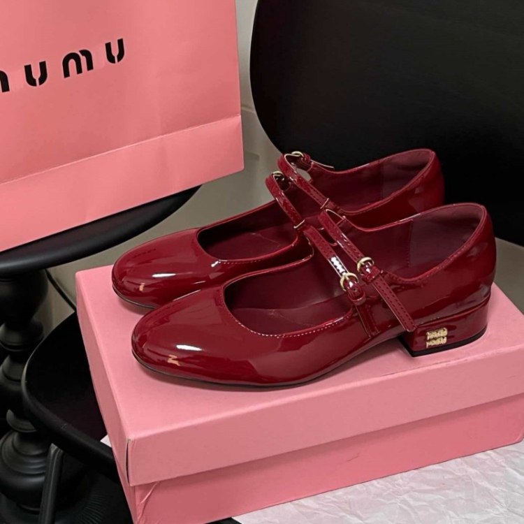  Miu Miu new double-strap round-toe mid-heel Mary Jane shoes -3