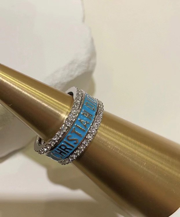 Dior gold letter blue enamel diamond ring set three-piece set -2