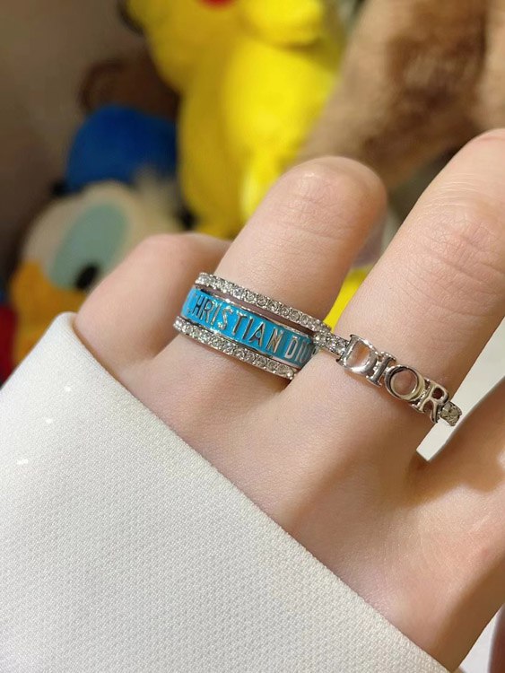 Dior gold letter blue enamel diamond ring set three-piece set -3