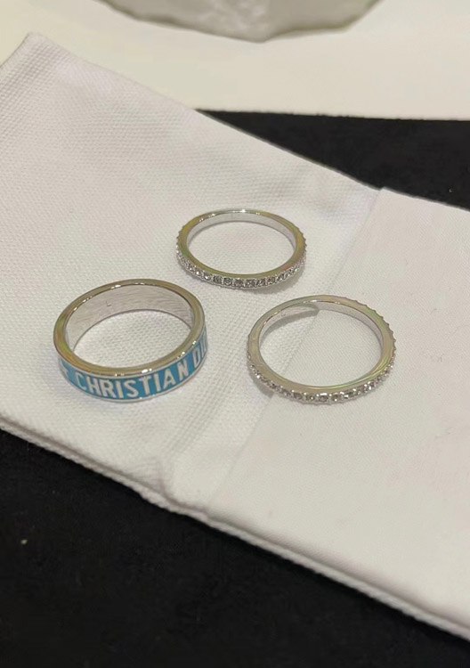 Dior gold letter blue enamel diamond ring set three-piece set -4