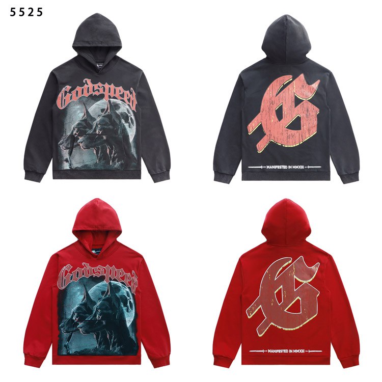 Godspeed Dog Head Print Washed Distressed Loose Hooded Sweatshirt -2