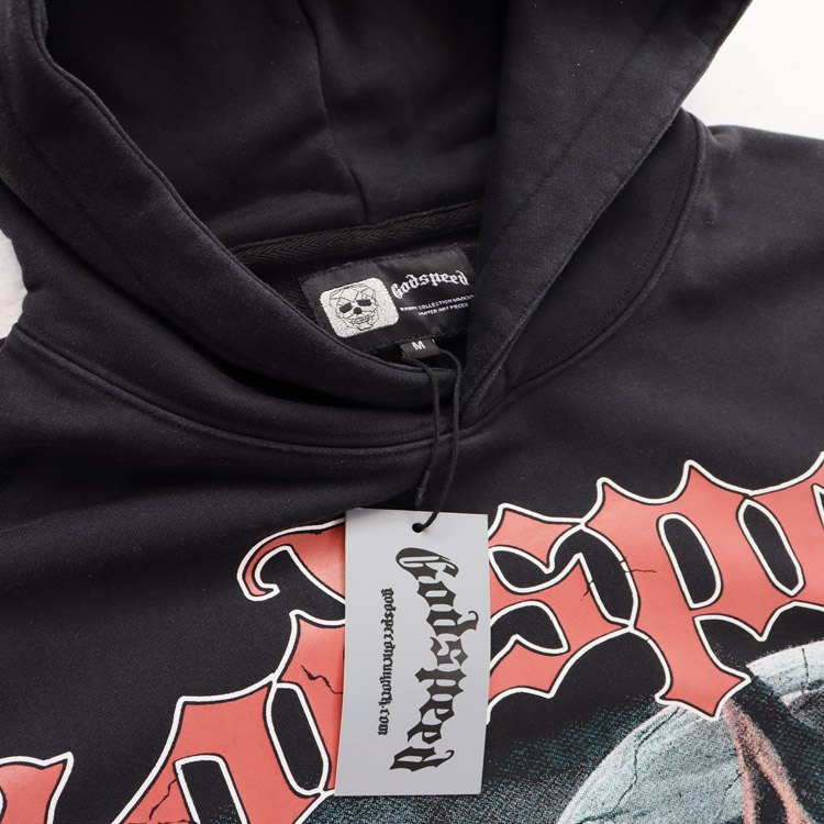 Godspeed Dog Head Print Washed Distressed Loose Hooded Sweatshirt -3