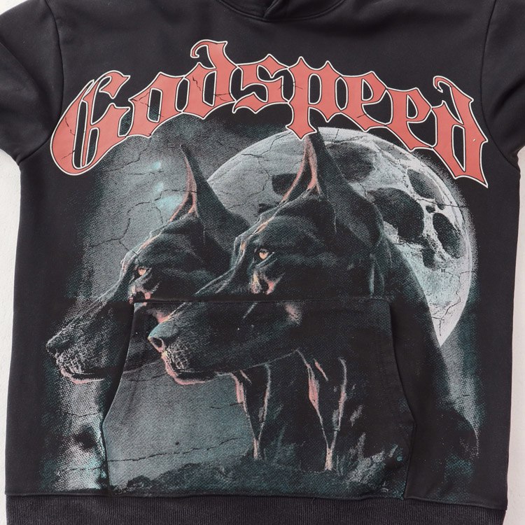 Godspeed Dog Head Print Washed Distressed Loose Hooded Sweatshirt -4