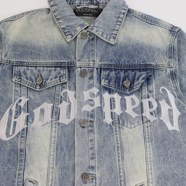 GODSPEED Distressed Vintage Washed Embroidered Denim Jacket -2