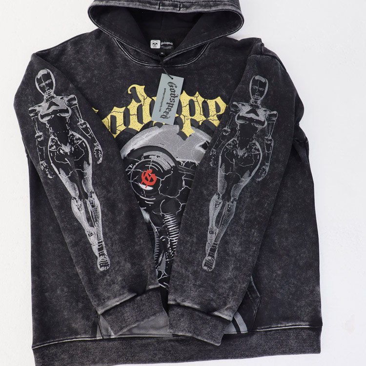 Godspeed Retro Washed Skull Print Loose-fitting Terry Hoodie -3
