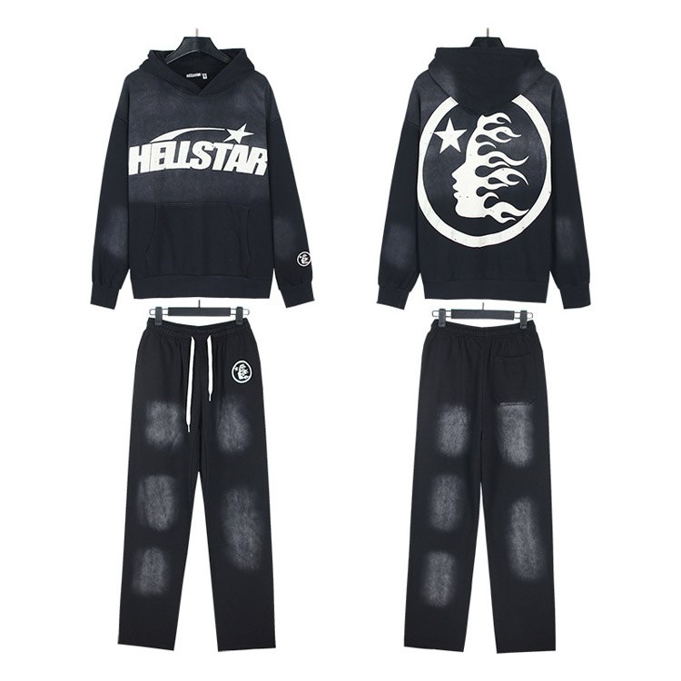 Hellstar Letter Flame Hooded Long-Sleeve Sweatshirt and Sweatpants Set -2