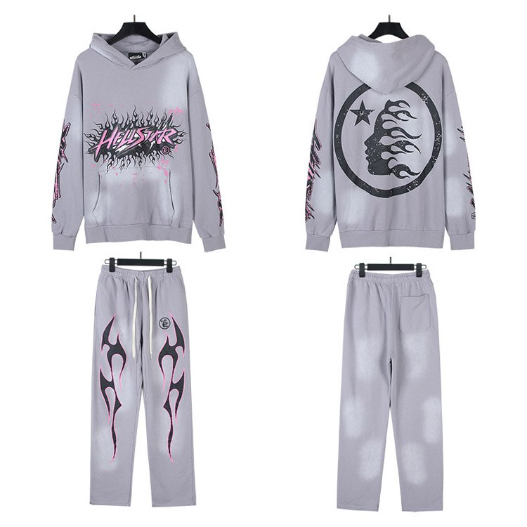 Hellstar Letter Flame Hooded Long-Sleeve Sweatshirt and Sweatpants Set -4