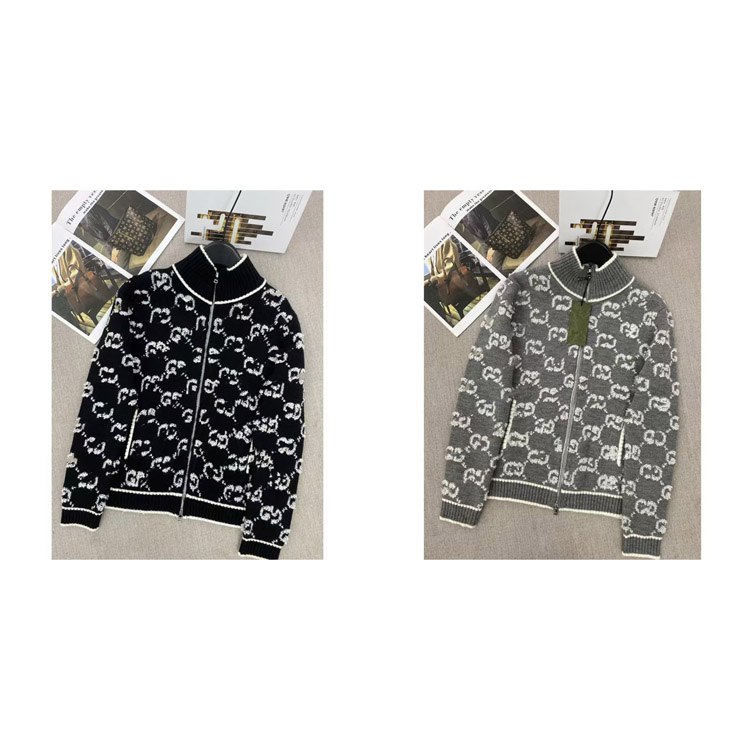 Gucci lettering full zipper stand collar long-sleeved sweater -2