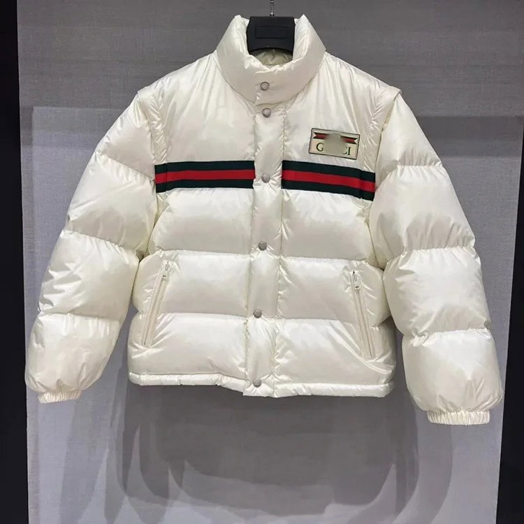 GUCCI Logo label striped webbing quilted detachable sleeves aviator down jacket -3